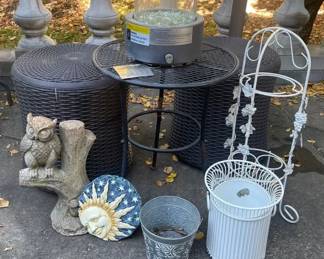 Tabletop Gas Firepit, Two Faux Woven Patio Seats Storage, Misc Patio Decor