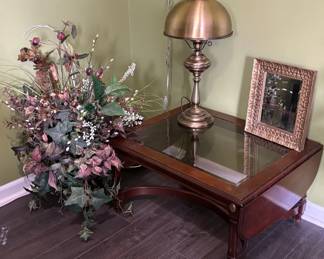 Vintage Drop Leaf Coffee Table , Brass Table Lamp, Faux Flowetd, Gold Trim Mirror Frame 