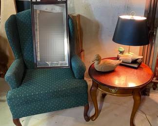 Vintage Green Armchair, Vintage Wood Side Table, Vintage Wood Mirror, Duck Lamp, Duck Figure