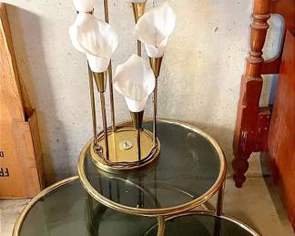 80s Style Nesting Glass  Metal Table, Metal  Molded Plastic Lily Table Lamp