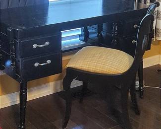 Black Desk, Floor Lamp, Chair