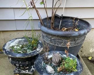 Two Matching Cement Plant Pots One Large Black Plant Pot