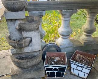 Faux Stone Fiberglass Patio Fountain Two Plant Pots