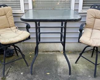 Two Metal Patio Chairs w Cushions, Metal Glass Patio Table
