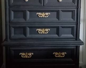 Tall Boy Dresser Dark Wood, Brass Colored Ornate Hardware