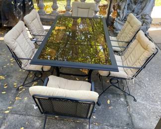 Metal Glass Patio Table, Six Metal Patio Chairs w Cushions