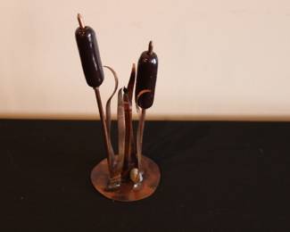 Copper cattail oil lamp sculpture  mid-century  metal art sculpture