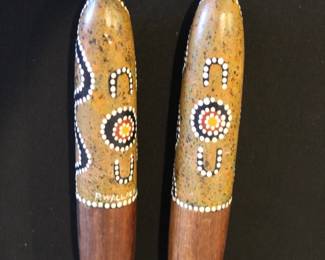 Australian clapper sticks claves with skink and snake carvings K.Wild