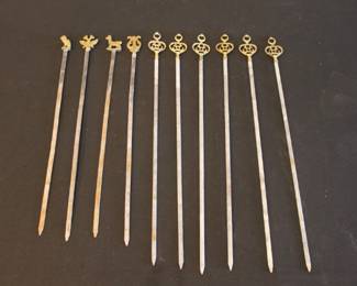 Vintage Turkish shish kebab skewers with brass ornaments set of 10