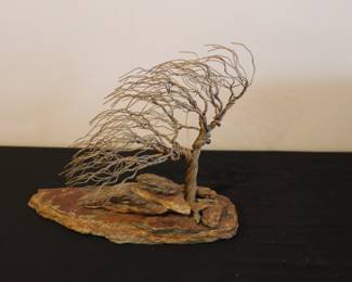 Vintage twisted copper wire tree sculpture wood burl base handmade