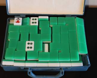 Vintage Chinese Mahjong Blue White Bakelite Tiles game set