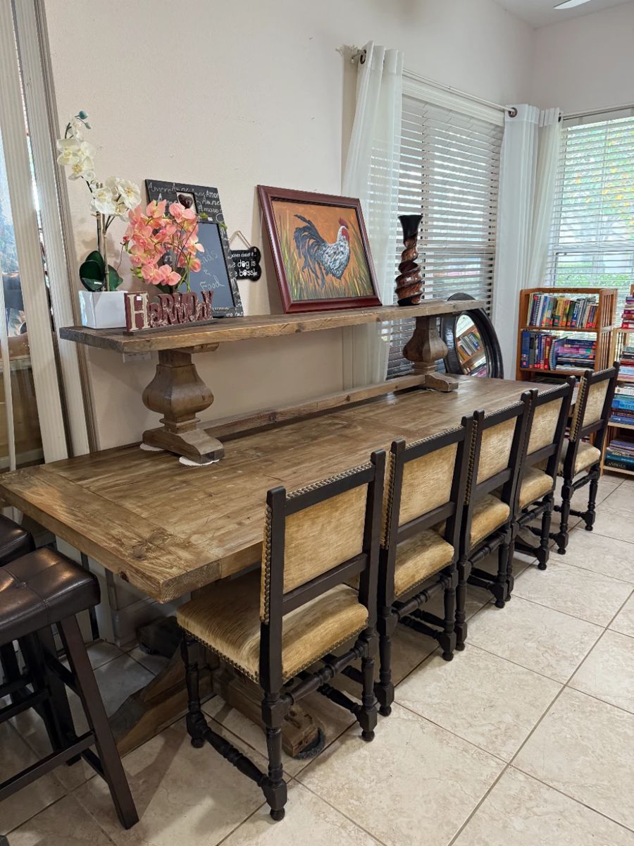 Extraordinary solid wood farm table (106" x 39") with bench and 6 chairs. Absolutely beautiful!!!