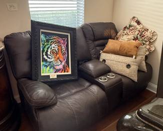 Chocolate brown leather power recliner love seat with adjustable headrest, 'as is'