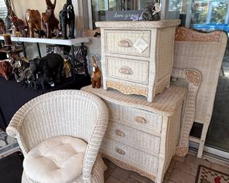 5 wicker pieces: queen headboard, nightstand, dresser, chair, mirror