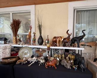 Animal sculptures: elephant, giraffe, cheeta, lion, 