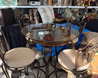 Iron base, glass top bistro table & 4 chairs