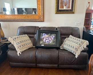 Chocolate brown leather power recliner sofa with adjustable headrest