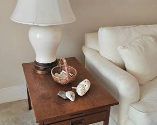 two Mid-century side tables, two white lamps