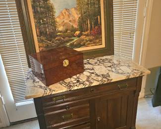 Antique chest, marble top as is, needs gluing 
