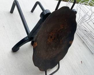 FIREPLACE ANDIRONS & AN IRON GRILL 