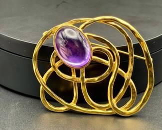 Vintage Avon Golden Web Brooch With Purple Cabachon
