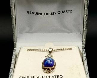 Signed Drusy Quartz Silver Plated Necklace

