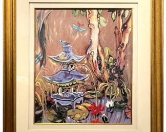 Large Framed Asian Pagoda Garden Painting 