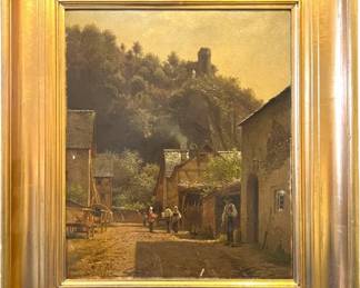 1865 European Village Oil Scene 