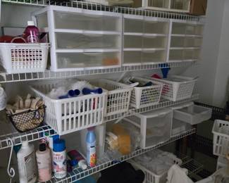 Plastic storage baskets, household cleaning items
