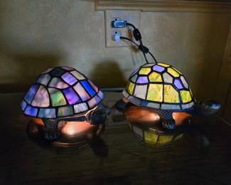 Vintage stained glass turtle lamps - shown lit
