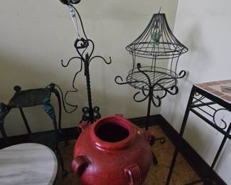 Plant stands, birdcage, pottery