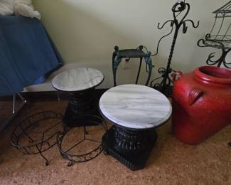 Small tables, plant stands, birdcage, pottery
