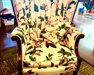 Pair channel back magnolia print wingbacks