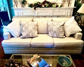 Stylish nailhead trim linen sofa with pillows