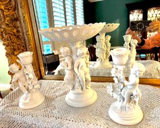 Vintage porcelain fruit bowl and candle holders