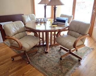 (4) All Leather & Wood Armed Chairs & Table
