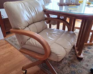 (4) All Leather & Wood Armed Chairs & Table
