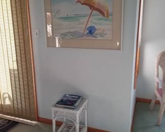 Umbrella scene; wicker accent table