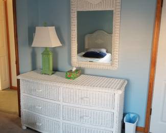 Wicker 6-drawer dresser; matching mirror. Table lamp