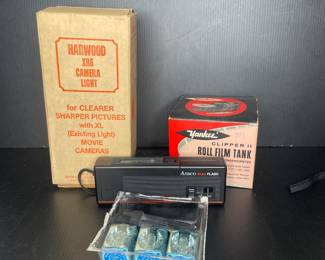 Ansco flash, Yankee film tank, Harwood XR 6 camera light vintage 