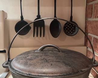 Cast iron Dutch oven & cooking utensils 