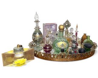 Vintage perfume bottles & mirrored tray 