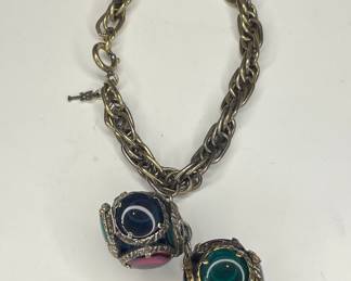 Crown Trifari Renaissance Bracelet Cranberry Blue Green  Glass