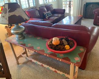 Handpainted Sofa Table and Red Leather Loveseat