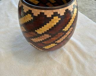 Closed segmented bowl materials yellowheart,hard maple, red grandis, wenge,bloodwood,