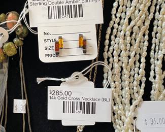 Sterling Double Amber Earrings, 14k Gold Cross Necklace (BL)