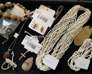 Sterling Double Amber Earrings, 14k Gold Cross Necklace (BL)