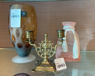 Brass Satyr Candleholder, Sasaki Frosted Vase