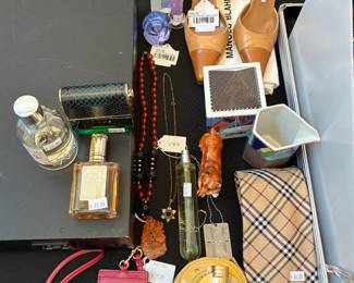 Perfumes, Moser Frog Figurine, Manolo Blahnik Leather Heels
