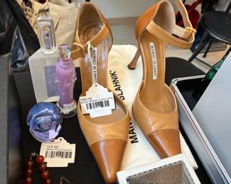 Moser Frog Figurine, Manolo Blahnik Leather Heels